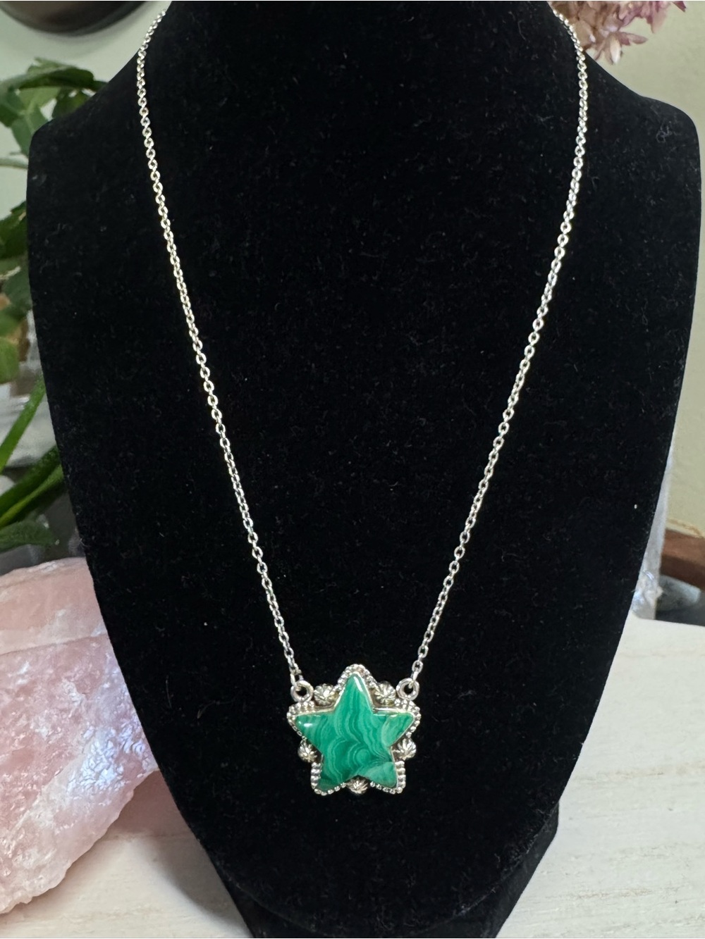 Sterling Silver Chain Necklace with Malachite Star Pendant - 20”